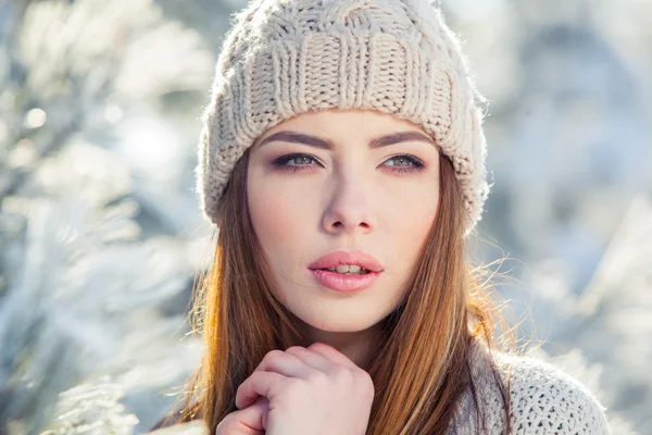 Hermoso retrato de invierno de mujer joven en el paisaje nevado —  Fotos de Stock