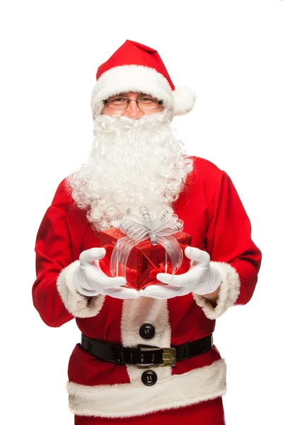 Jultomten: Glada med liten Stack av gåvor — Stockfoto