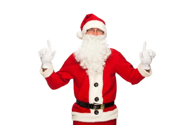 Santa Claus pointing sign with smile, isolated on white background — Stock Photo, Image