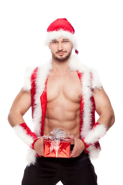 Immagine di uomo sexy che indossa il costume di Babbo Natale, isolato su bianco — Foto Stock