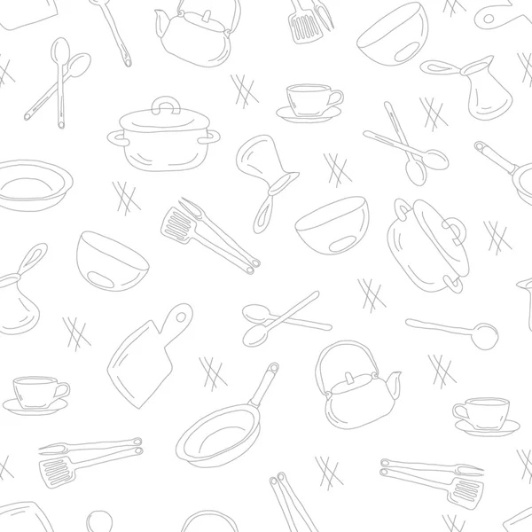 Kitchen utensils outline seamless pattern.