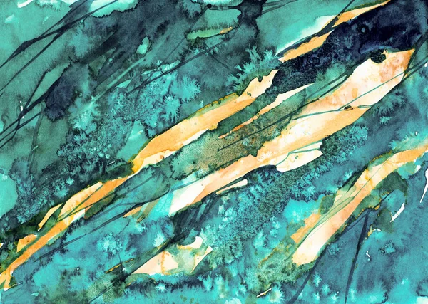 Abstract texture that imitates the emerald marble. Made in watercolor. Turquoise, emerald and gold colors shimmer