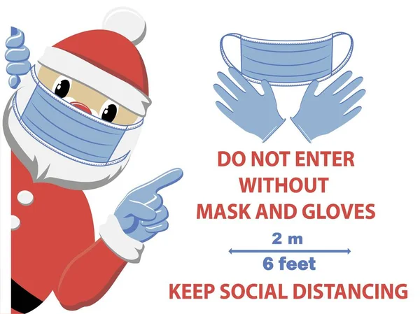 Kerstman Met Mondmasker Handschoenen Kerstmis Covid Sociale Afstand Infographic Vectorillustratie — Stockvector