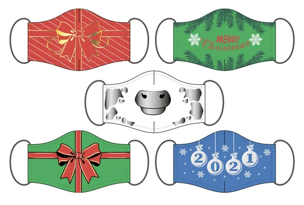 Set Van Kerst Gelukkig Nieuwjaar 2021 Herbruikbare Mondmaskers Vector — Stockvector