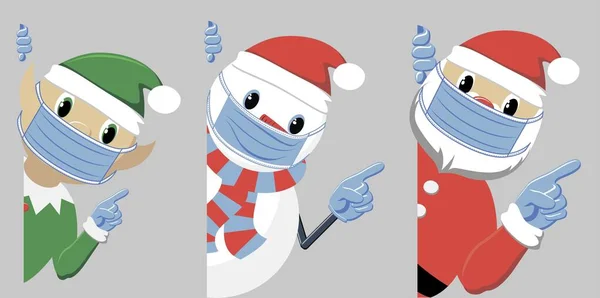 Elfe Bonhomme Neige Père Noël Dans Bouche Masque Gants Peep — Image vectorielle