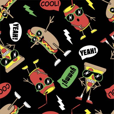 Çizgi filmdeki komik sosisli sandviç, bir dilim pizza ve soda. Vektör illüstrasyonu.