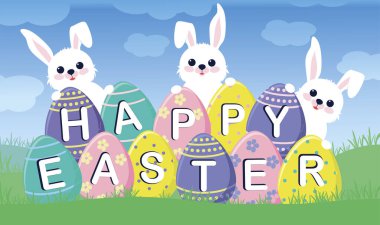 Slogan: Çimenli yumurta ve çizgi film tavşanı üzerinde mutlu Paskalyalar. Vektör illüstrasyonu.