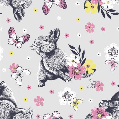 Sevimli küçük tavşan elinde çiçeklerle kelebeğe bakıyor. Kusursuz desenler. Vektör el çizimi resimleme.