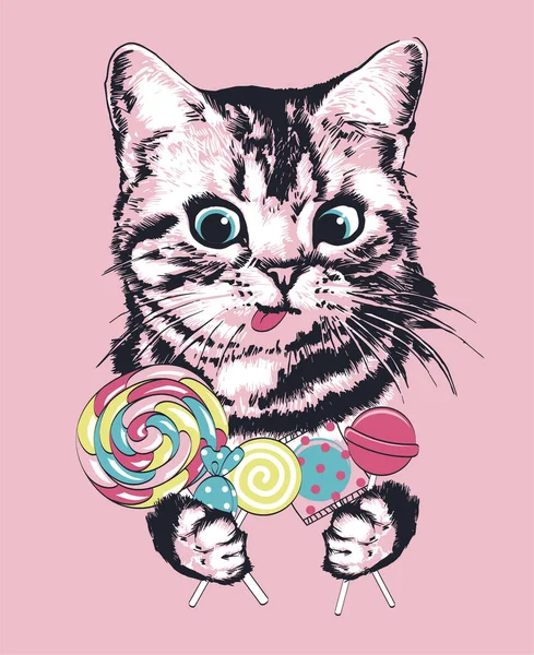 Mignon Chaton Rayé Avec Des Bonbons Illustration Vectorielle Imprimer Pour — Image vectorielle