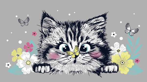 Sevimli kedi yavrusu kafası kelebek üzerinde. El çizimi vektör çizimi. Çocuk tişörtleri için yazdır.