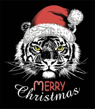 Kaplan suratlı ve Noel Baba şapkalı. El çizimi vektör çizimi. Tişört için Noel baskısı.