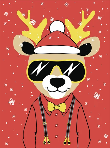 Cool Deer Hipster Chapeau Père Noël Avec Des Lunettes Soleil — Image vectorielle