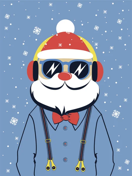 Cool Kersthipster Met Zonnebril Kerst Vector Illustratie Print Voor Kids — Stockvector