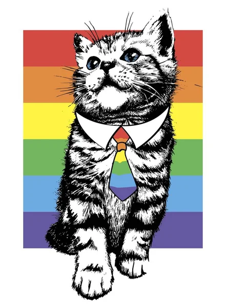 Gökkuşağı arkaplanı ve lgbt kravatlı kedi yavrusu. El çizimi eskiz. Vektör illüstrasyonu.