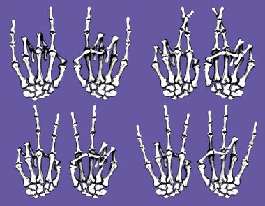 İnsan eli iskeleti kaya işareti yapıyor, barış işareti yapıyor şans dilemek için parmaklarını çapraz yapıp mor arka planda şok geçiriyor..