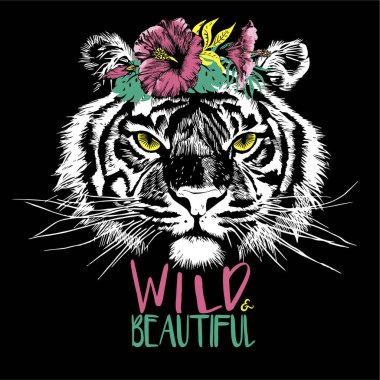 Siyah arka planda başı üzerinde amber çiçeği olan kaplan surat. Vektör illüstrasyonu.