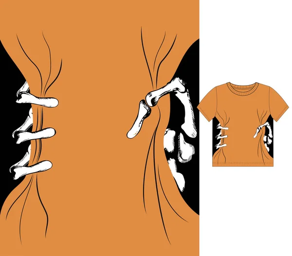 Egy Emberi Kéz Csontváza Tartja Hátteret Nyomtatás Halloween Pólóhoz — Stock Vector