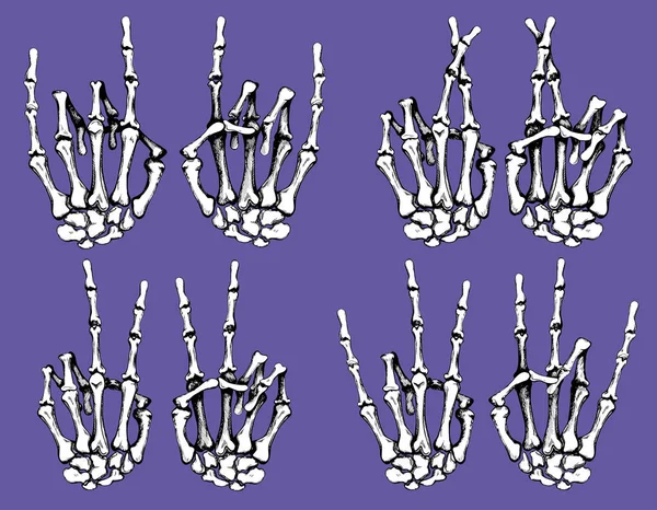 一个人的手的骷髅 做岩石的标志 和平的手势 祈祷好运的手指交叉 紫色背景的冰岛人 — 图库矢量图片