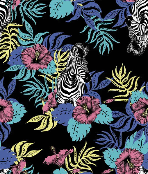 Padrão Sem Costura Tropical Com Zebra Flor Hibisco Monstera Ilustração — Vetor de Stock