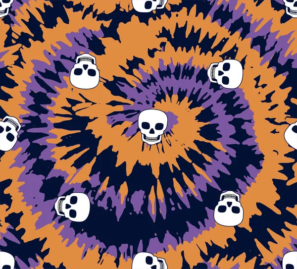 Tie Dye Spiral Circle Seamless Pattern Skull — Stock Vector