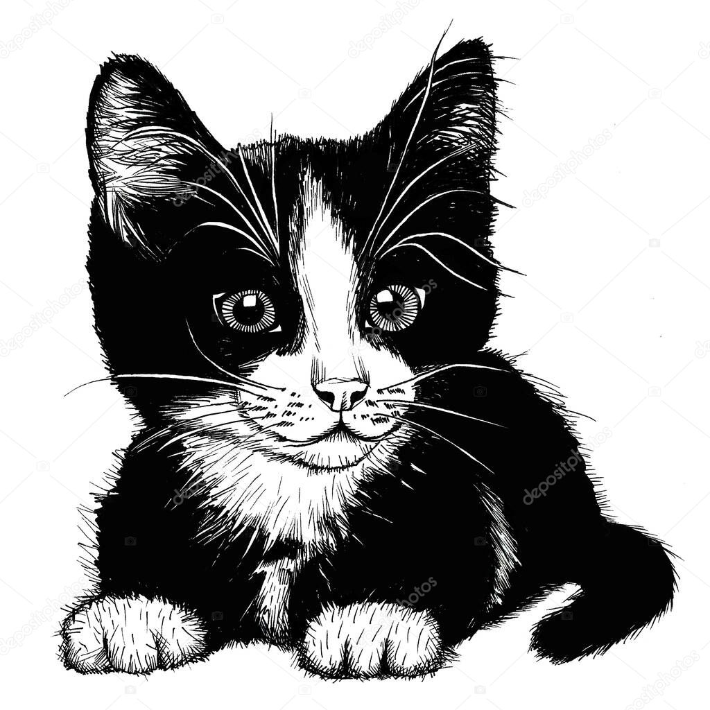 Little black and white kitten. Hand drawn vector illustration