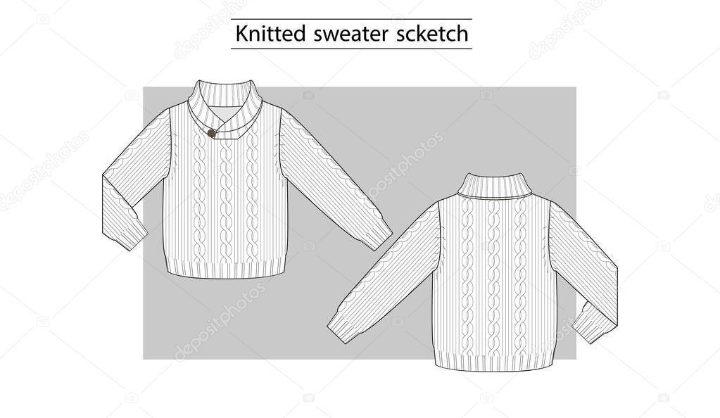 Knitted sweater with braids and shawl collar. Technical scketch