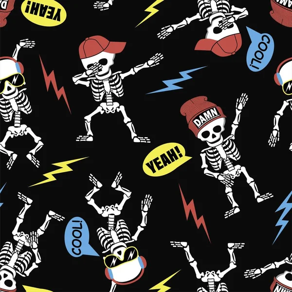  Funny cartoon skeleton make DAB move, dancing hip hop style in hats, sunglasses and headphones. Seamless pattern. Vector illustration.