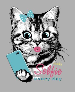 Cute striped kitten with smartphone making selfie. Vector illustration. Print for t shirt.