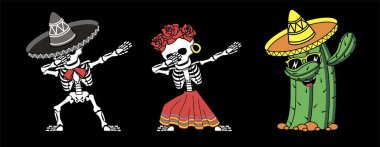 Meksika karikatüründeki komik iskelet adam, kadın ve sombrero içindeki kaktüs DAB hareketini yapıyor, hip hop tarzı dans ediyor. Ölü vektör resimleme günü.