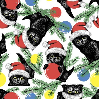 Noel Baba şapkalı, Noel topları ve Noel ağacı dallı siyah kedi yavrusu. Kusursuz desen. Noel vektör illüstrasyonu.