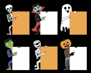 İskelet, Drakula, Frankenstein, mumya, hayalet ve balkabağı boş bir yeri işaret ediyor. Cadılar Bayramı Vektörü illüstrasyonu.