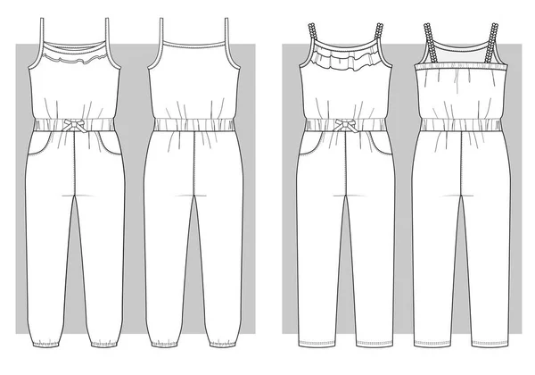 Mono Verano Para Chicas Con Pantalones Largos Conjunto Bocetos Técnicos — Vector de stock