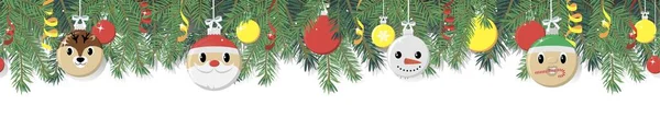 Kerstmis Naadloze Horizontale Rand Frame Boom Takken Met Ballen Santa — Stockvector