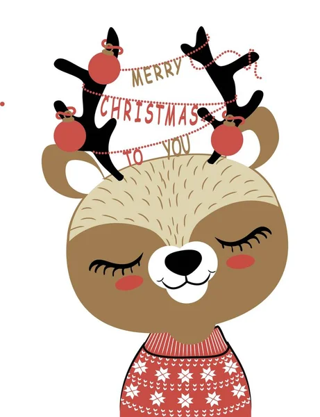 Kleine Cartoon Schattig Hert Met Kerstballen Gewei Vector Illustratie Kids — Stockvector