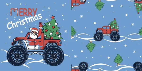 Monster Truck Auto Met Kerstman Kerstboom Print Voor Shirt Naadloos — Stockvector