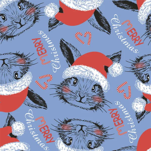 Noel Baba şapkalı güzel tavşan kafası. El çizimi vektör çizimi. Noel kusursuz desen.