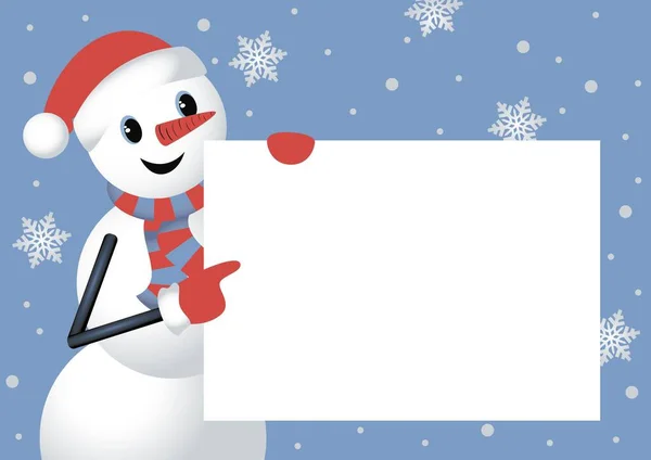 Sneeuwpop Rode Kerstmuts Wijzen Hun Vinger Naar Lege Lege Winter — Stockvector