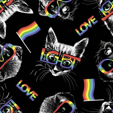 İgbt sembolü pürüzsüz desenli gözlüklü kedi ve köpek yavrusu yüzleri. Vektör illüstrasyonu