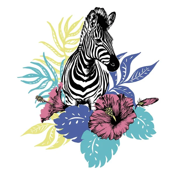 Zebra Com Flor Hibisco Tropical Monstera Ilustração Vetor Folha — Vetor de Stock
