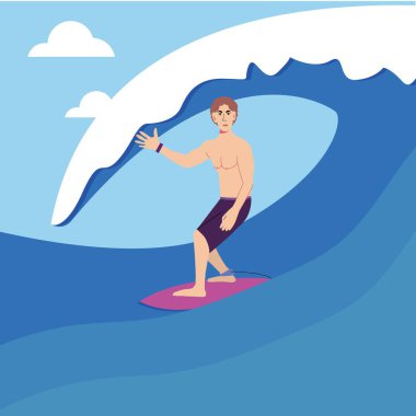 Sörfçü ve büyük dalga. İşleme stili. vektör illüstrasyonu.