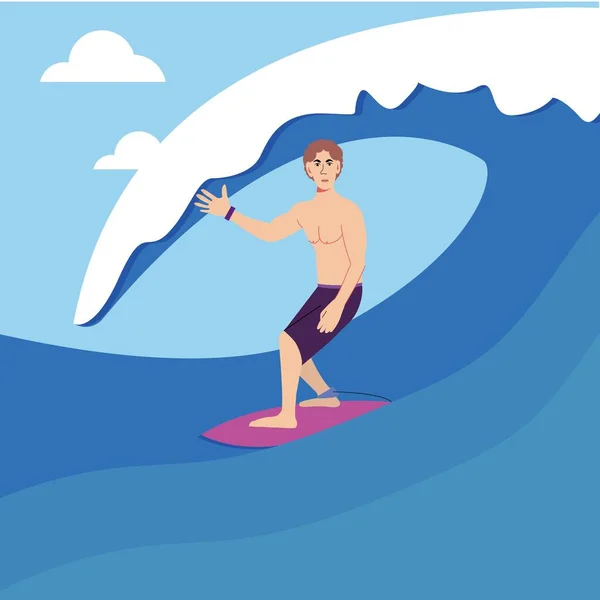 Surfer Und Große Welle Gravurstil Vektorillustration — Stockvektor