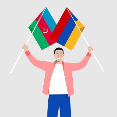 Ermenistan, Azerbaijan savaş geçmişine karşı. Uluslararası çatışma sembolü Ermenistan Azerbaijan 'a karşı. Ermenistan ve Azerbaycan 'ın bayraklarını sallayan adam dostluğun, ortaklığın, savaşı durdurmanın sembolüdür..