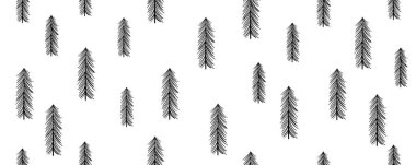 Çam ağacından kışın pürüzsüz desen. Minimalizm tarzında siyah-beyaz tek renkli vektör çizimi. Hediyelerin, kapakların, dergilerin tasarımı. Beyaz arkaplanda resim.