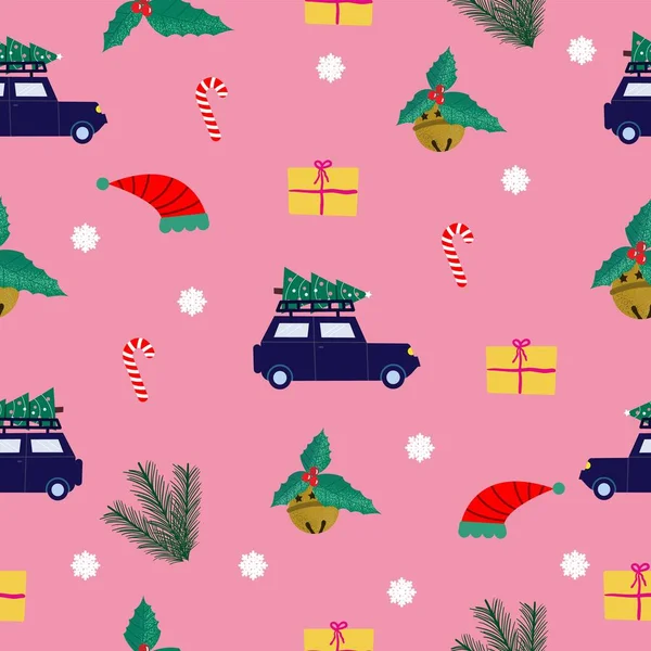 Auto con un albero di Natale, bastoncini di zucchero, cappelli di Babbo Natale, regali, fiocchi di neve, giocattoli, fiori. Sfondo vacanza. Stile piatto. Poster natalizio in stile scandinavo. — Vettoriale Stock