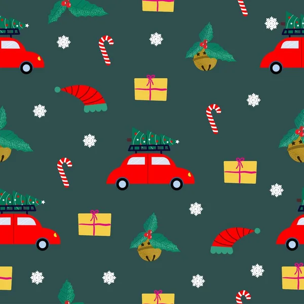 Auto con un albero di Natale, bastoncini di zucchero, cappelli di Babbo Natale, regali, fiocchi di neve, giocattoli, fiori. Sfondo vacanza. Stile piatto. Poster natalizio in stile scandinavo. — Vettoriale Stock