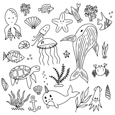 Deniz karalama elementlerini basit moda olarak belirledi. El çizimi moda çizimi Deniz Piyadesi elementlerinin ana hatlarını çizdi. Vektör el çizimi. Doodle Bitkileri, memeliler, balıklar, deniz yaşamı, kabuklar.