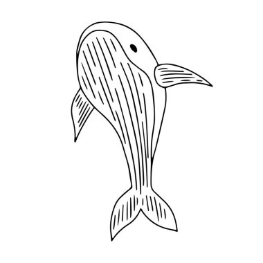 Doodle Monokrom balinası. Tekstil tasarımı için el çizimi monokrom balina. Contour sembolü. Deniz sakinleri, deniz sakinleri, boyama kitabı, dövme, karalamalar, okyanus ve deniz memelileri.
