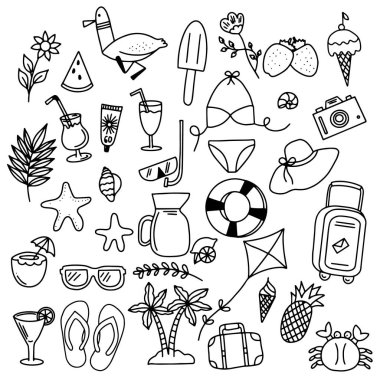 El çizimi seyahat karalamaları. Vektör çizimi. Seyahat unsurları içeren turizm ve yaz skeci: pusula, bikini, güneş gözlüğü, kamera, kokteyl, bilet