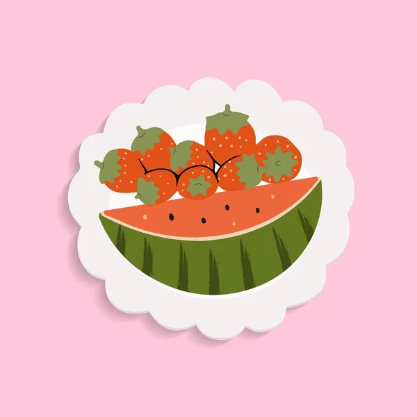 Gesunde ernährung, teller mit frischem obst essen vektor illustration design. Erdbeere und Wassermelone auf weißem Teller, einfaches Design, handgezeichnet — Stockvektor