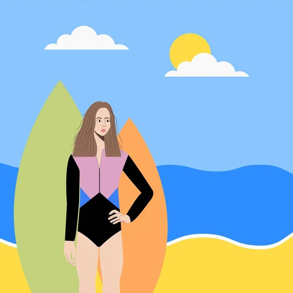 Jong surfmeisje paardrijden oceaan golf aan boord, zomer surfen, sport recreatie, zee recreatie hobby. Opgewonden glimlachende vrouw in bikini met buiten plezier en avontuur Cartoon vector illustratie — Stockvector